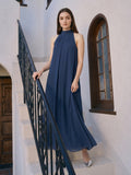Navy Blue Chiffon Sheath Scoop Neck Lace-up Ankle-Length Bridesmaid Dress