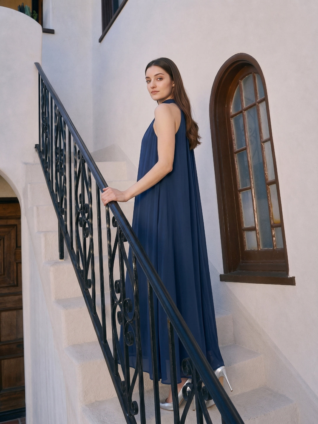 Navy Blue Chiffon Sheath Scoop Neck Lace-up Ankle-Length Bridesmaid Dress