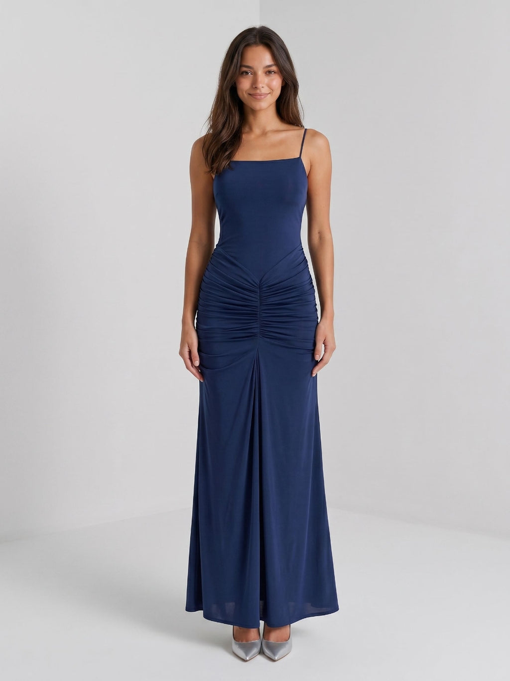 Navy Blue Chiffon Sheath Square Neck Backless Floor-Length Formal Dress with Pleating