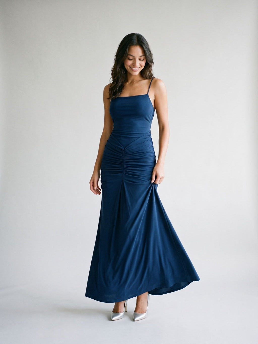 Navy Blue Chiffon Sheath Square Neck Backless Floor-Length Formal Dress with Pleating