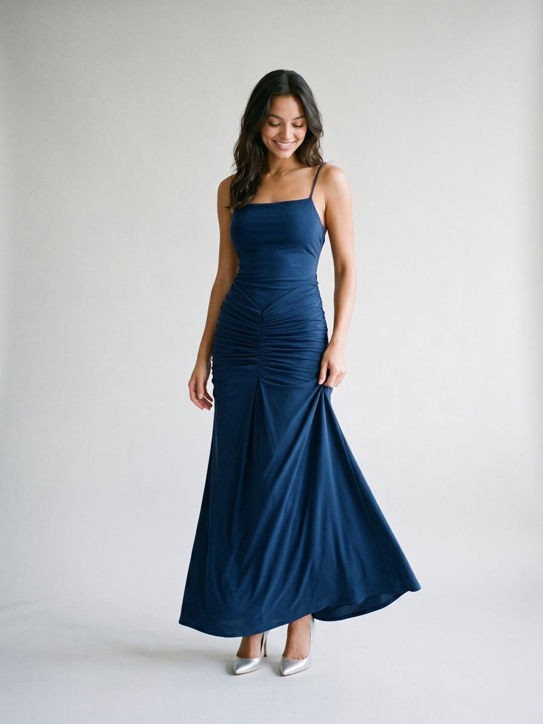 Navy Blue Chiffon Sheath Square Neck Backless Floor-Length Formal Dress with Pleating