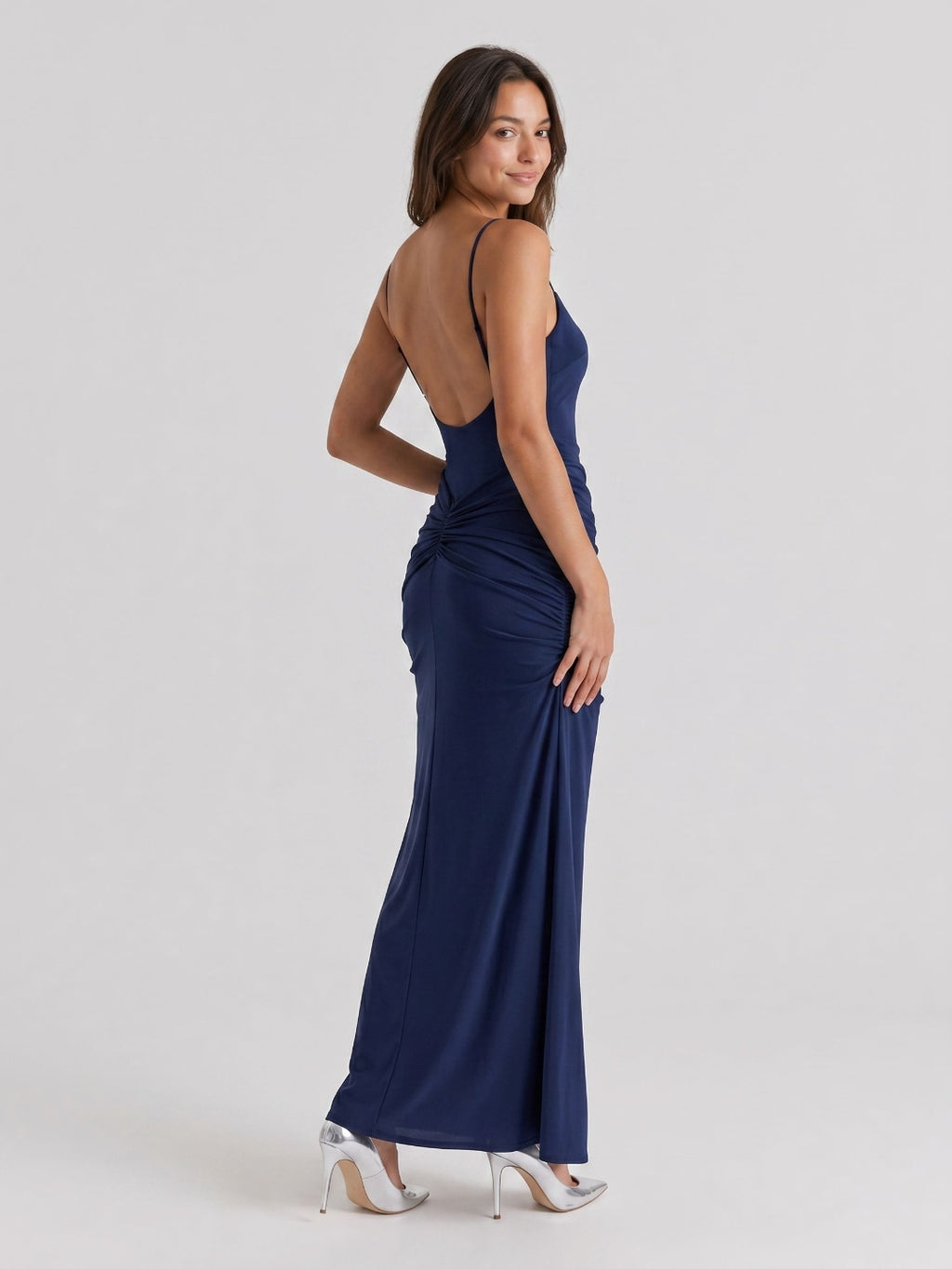 Navy Blue Chiffon Sheath Square Neck Backless Floor-Length Formal Dress with Pleating
