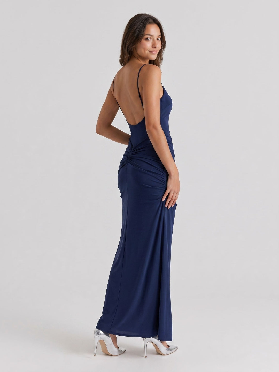 Navy Blue Chiffon Sheath Square Neck Backless Floor-Length Formal Dress with Pleating