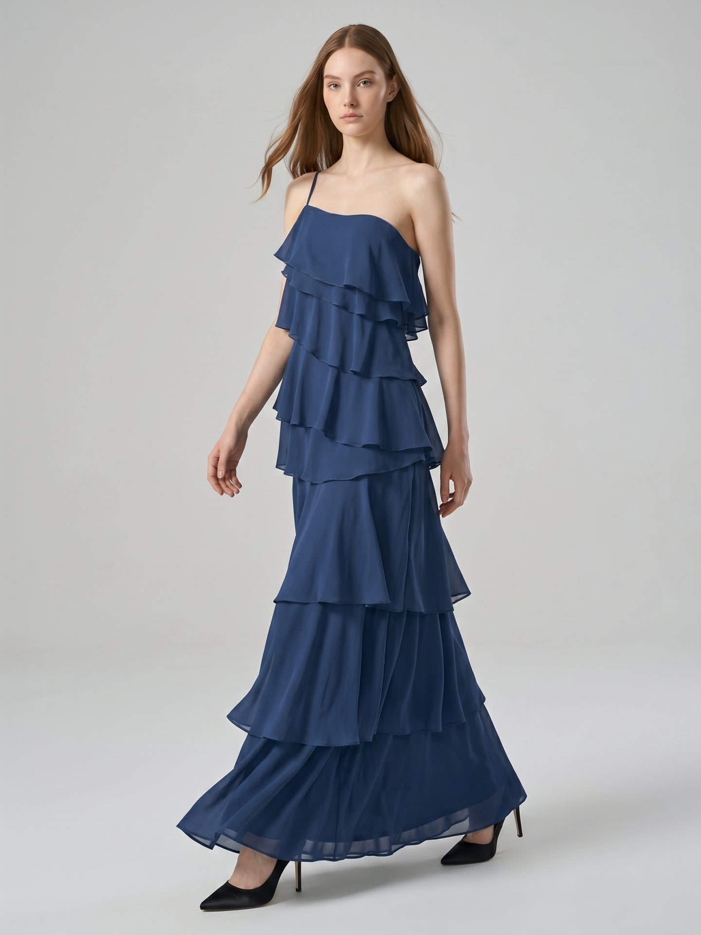 Navy Blue Chiffon Sheath Straight Neck Side Zip Floor-Length Bridesmaid Dress with Ruffles