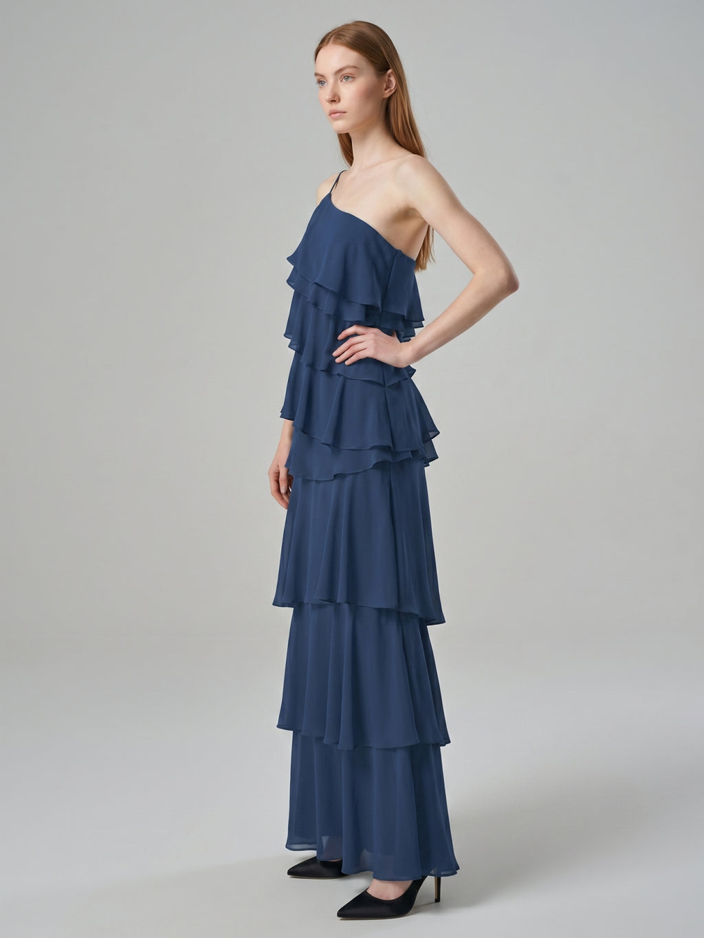 Navy Blue Chiffon Sheath Straight Neck Side Zip Floor-Length Bridesmaid Dress with Ruffles