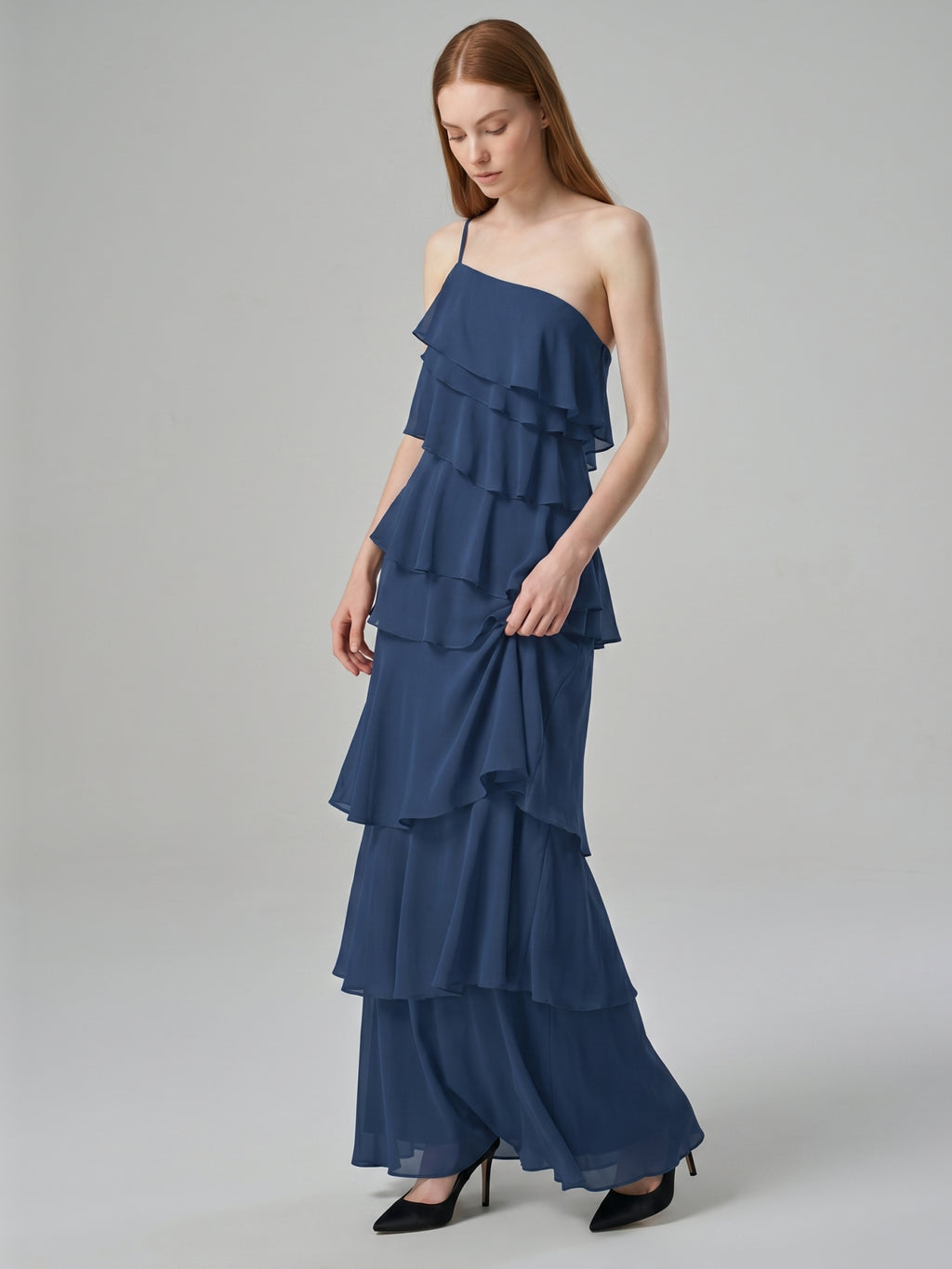 Navy Blue Chiffon Sheath Straight Neck Side Zip Floor-Length Bridesmaid Dress with Ruffles