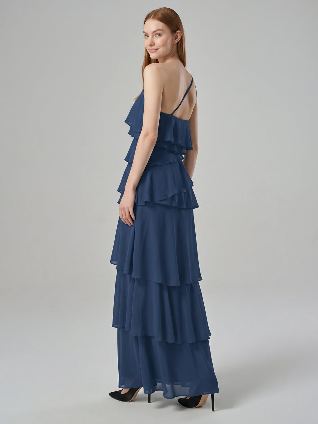 Navy Blue Chiffon Sheath Straight Neck Side Zip Floor-Length Bridesmaid Dress with Ruffles