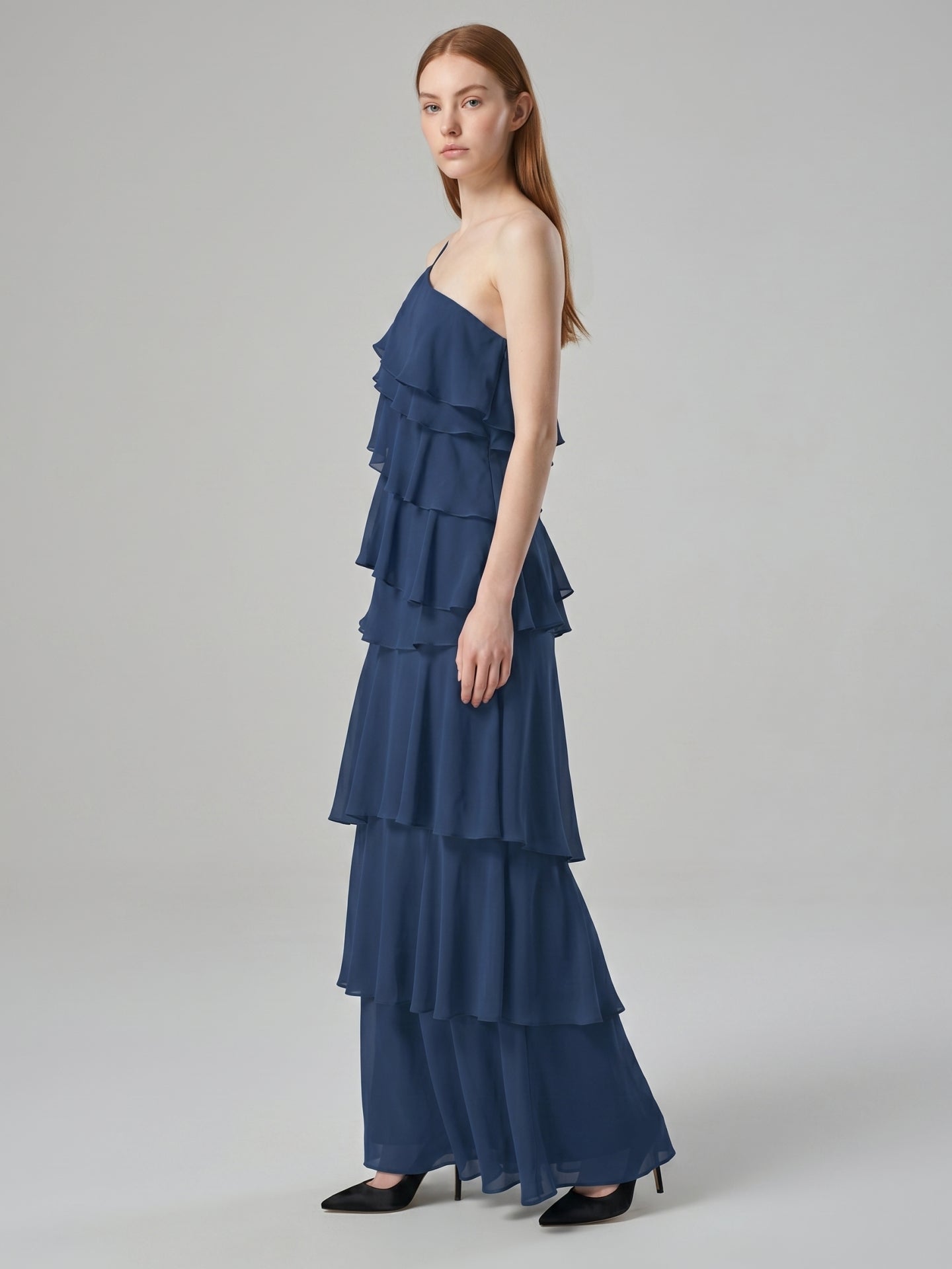 Navy Blue Chiffon Sheath Straight Neck Side Zip Floor-Length Bridesmaid Dress with Ruffles