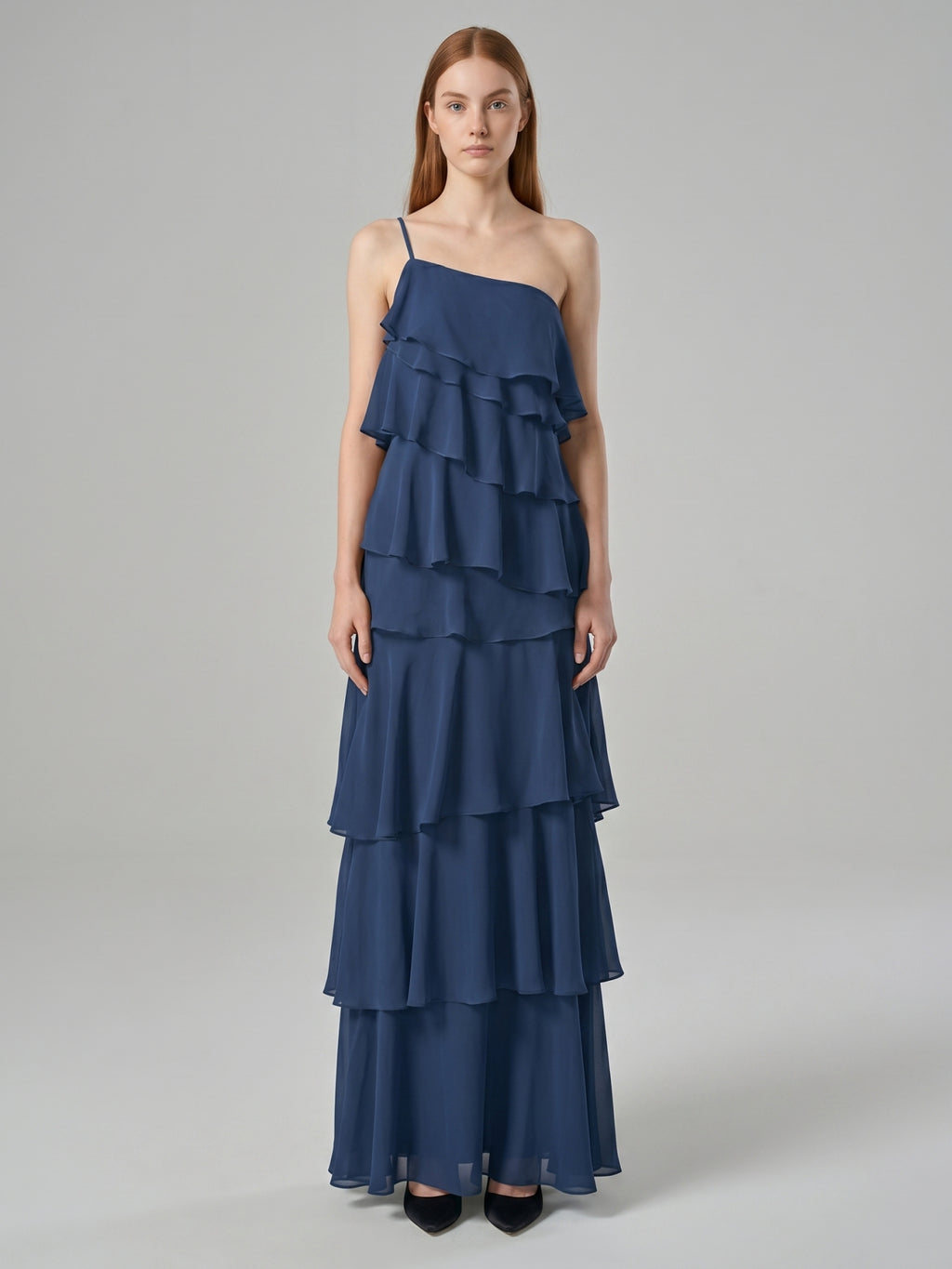 Navy Blue Chiffon Sheath Straight Neck Side Zip Floor-Length Bridesmaid Dress with Ruffles