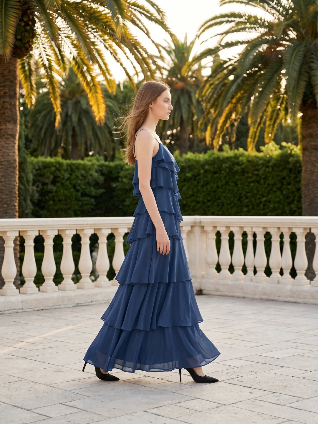 Navy Blue Chiffon Sheath Straight Neck Side Zip Floor-Length Bridesmaid Dress with Ruffles