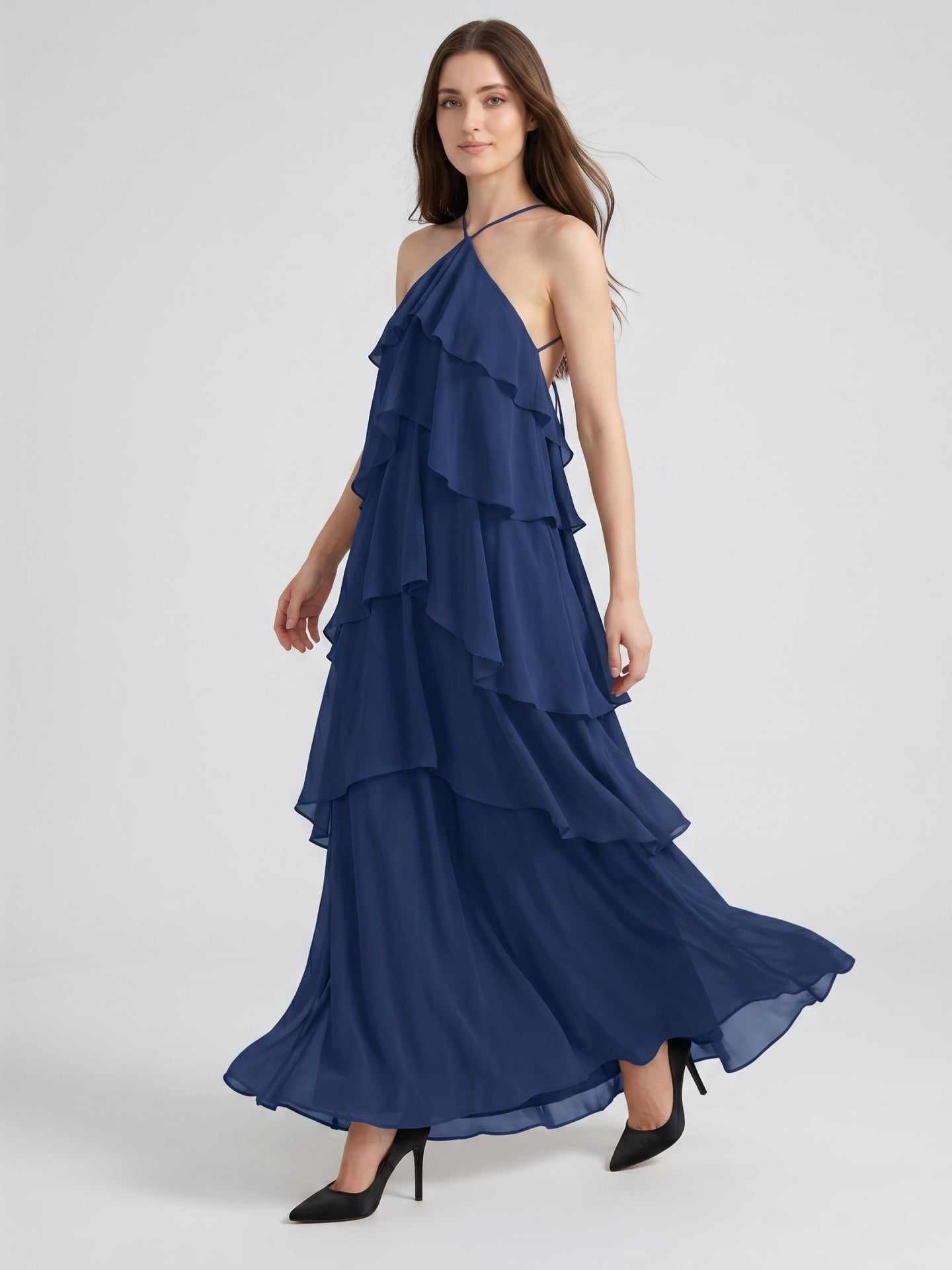Navy Blue Chiffon column Halter Neckline Floor-Length Bridesmaid Dress with Cascading Ruffles