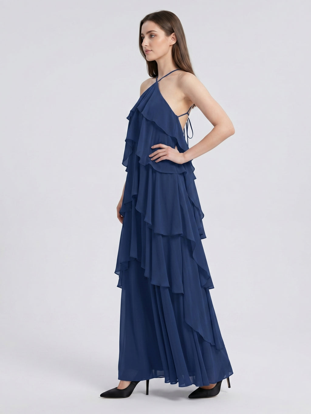 Navy Blue Chiffon column Halter Neckline Floor-Length Bridesmaid Dress with Cascading Ruffles