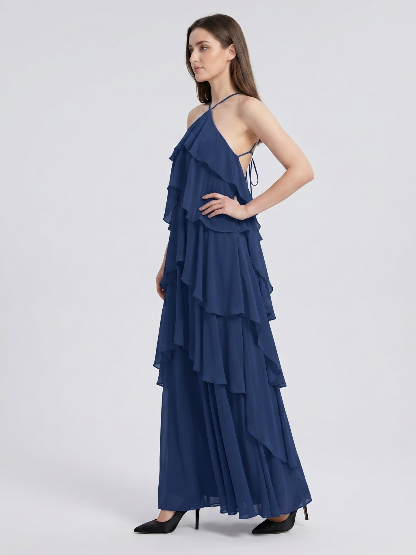 Navy Blue Chiffon column Halter Neckline Floor-Length Bridesmaid Dress with Cascading Ruffles