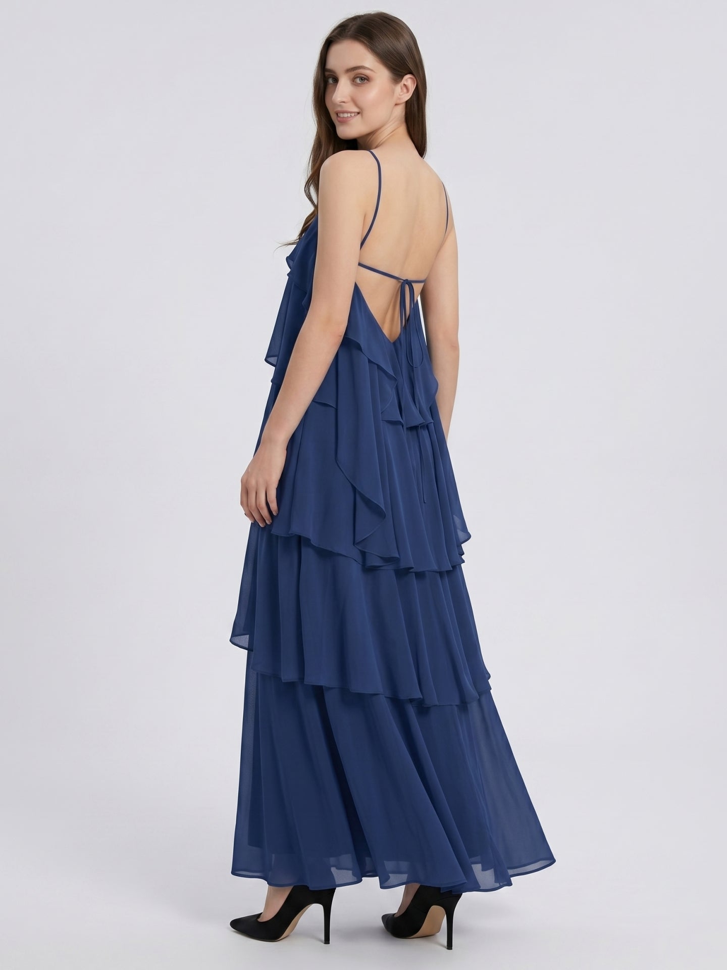 Navy Blue Chiffon column Halter Neckline Floor-Length Bridesmaid Dress with Cascading Ruffles