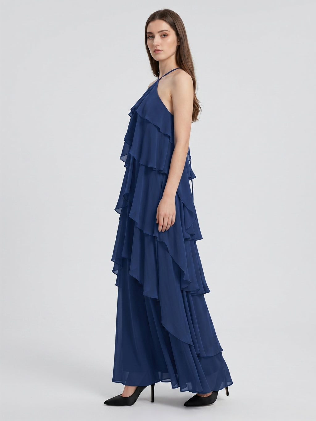 Navy Blue Chiffon column Halter Neckline Floor-Length Bridesmaid Dress with Cascading Ruffles