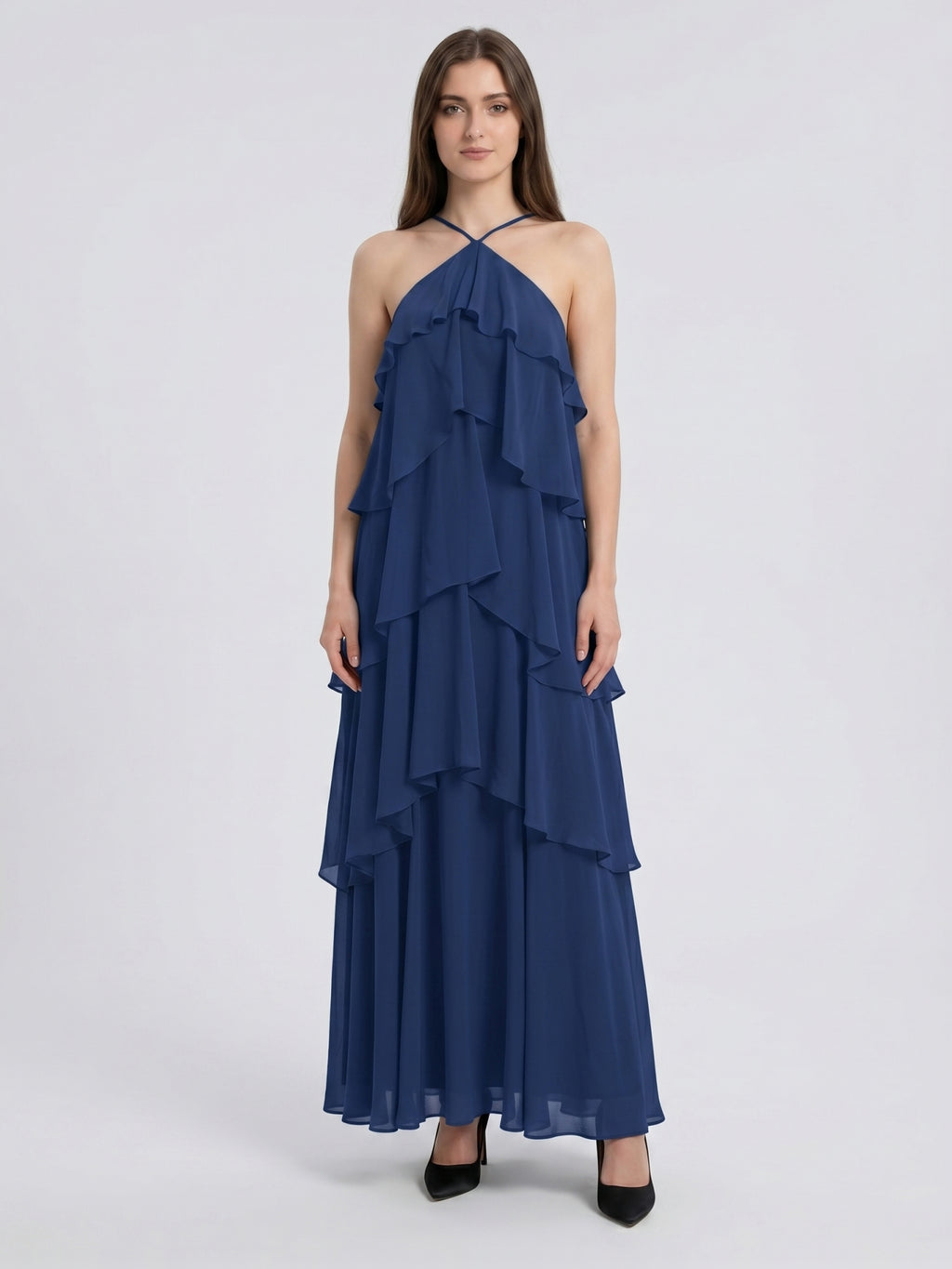 Navy Blue Chiffon column Halter Neckline Floor-Length Bridesmaid Dress with Cascading Ruffles