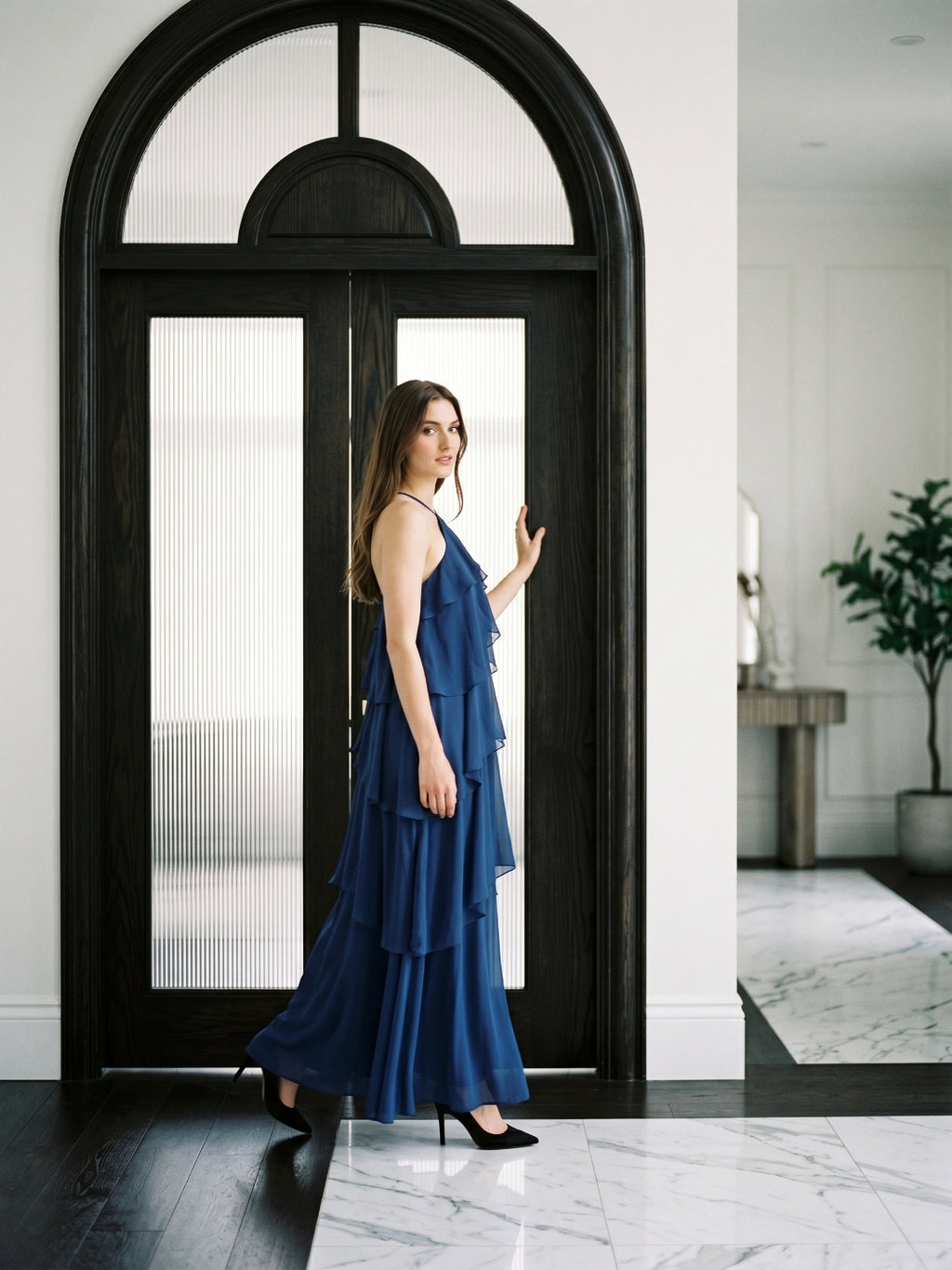 Navy Blue Chiffon column Halter Neckline Floor-Length Bridesmaid Dress with Cascading Ruffles