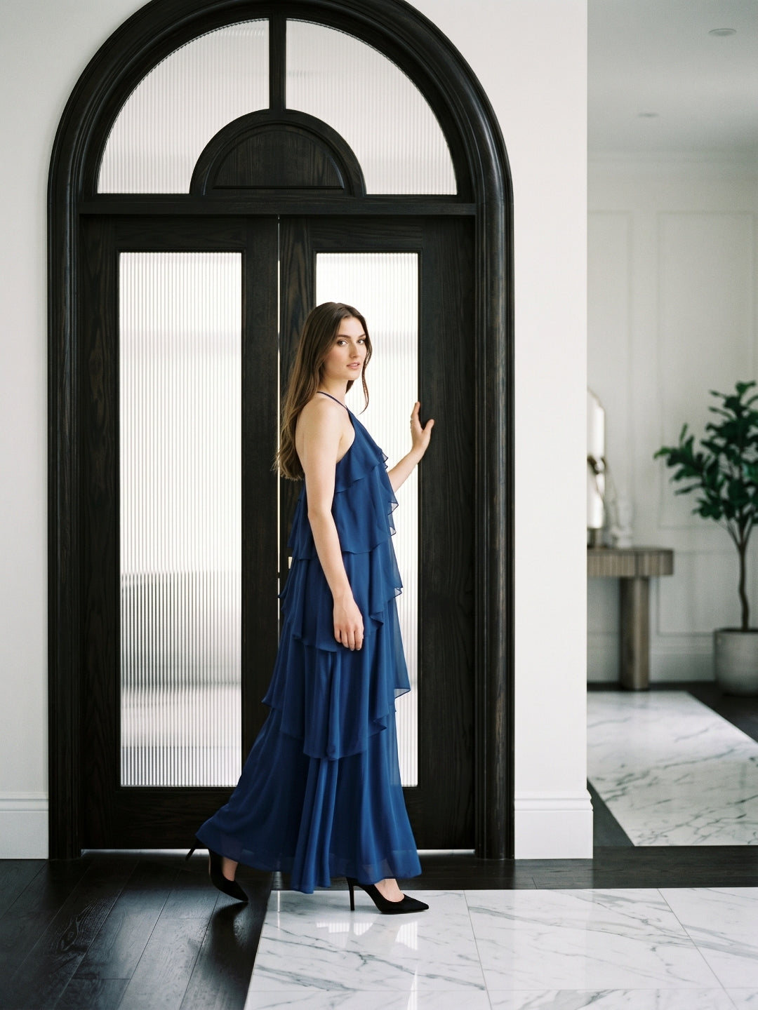 Navy Blue Chiffon column Halter Neckline Floor-Length Bridesmaid Dress with Cascading Ruffles