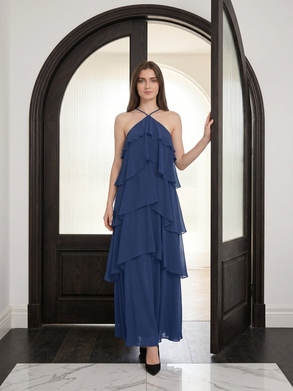 Navy Blue Chiffon column Halter Neckline Floor-Length Bridesmaid Dress with Cascading Ruffles