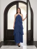 Navy Blue Chiffon column Halter Neckline Floor-Length Bridesmaid Dress with Cascading Ruffles