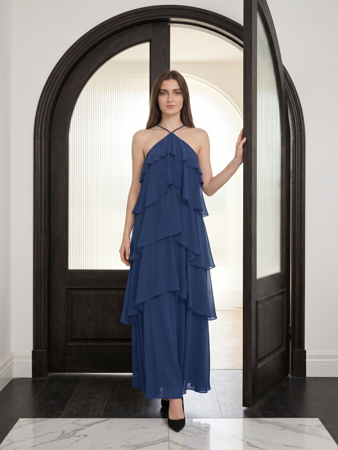 Navy Blue Chiffon column Halter Neckline Floor-Length Bridesmaid Dress with Cascading Ruffles