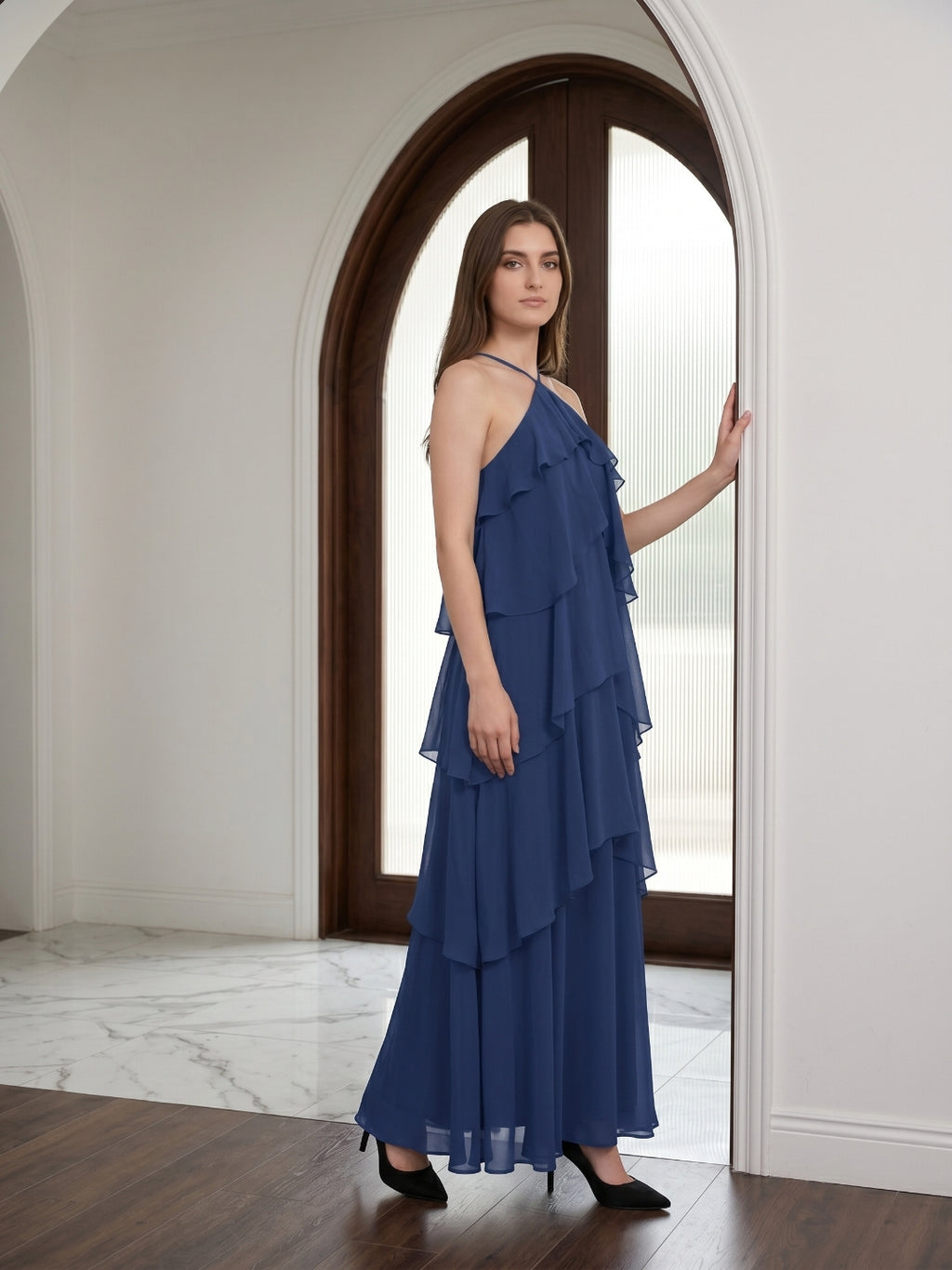 Navy Blue Chiffon column Halter Neckline Floor-Length Bridesmaid Dress with Cascading Ruffles