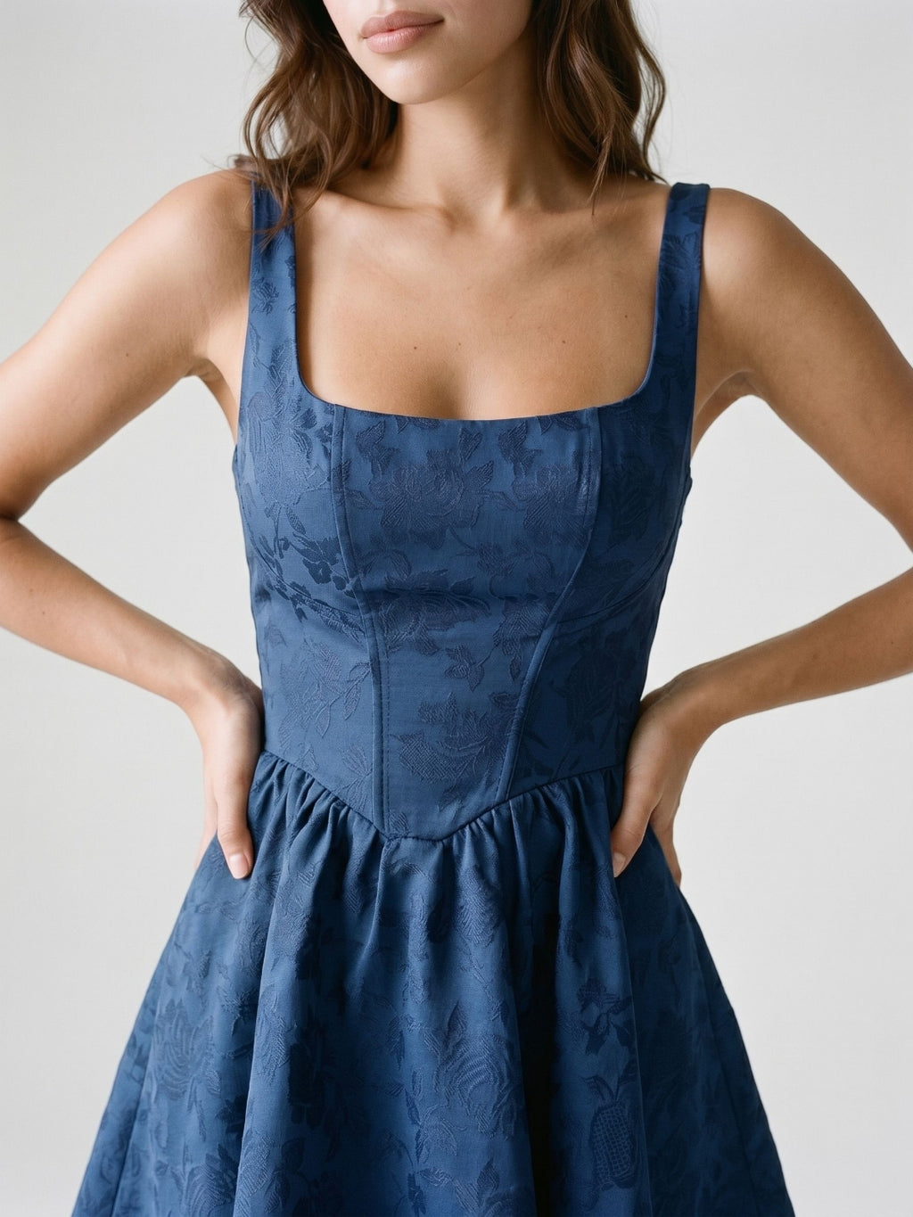 Navy Blue Jacquard A-Line Square Neck Backless Short Dress with Bow