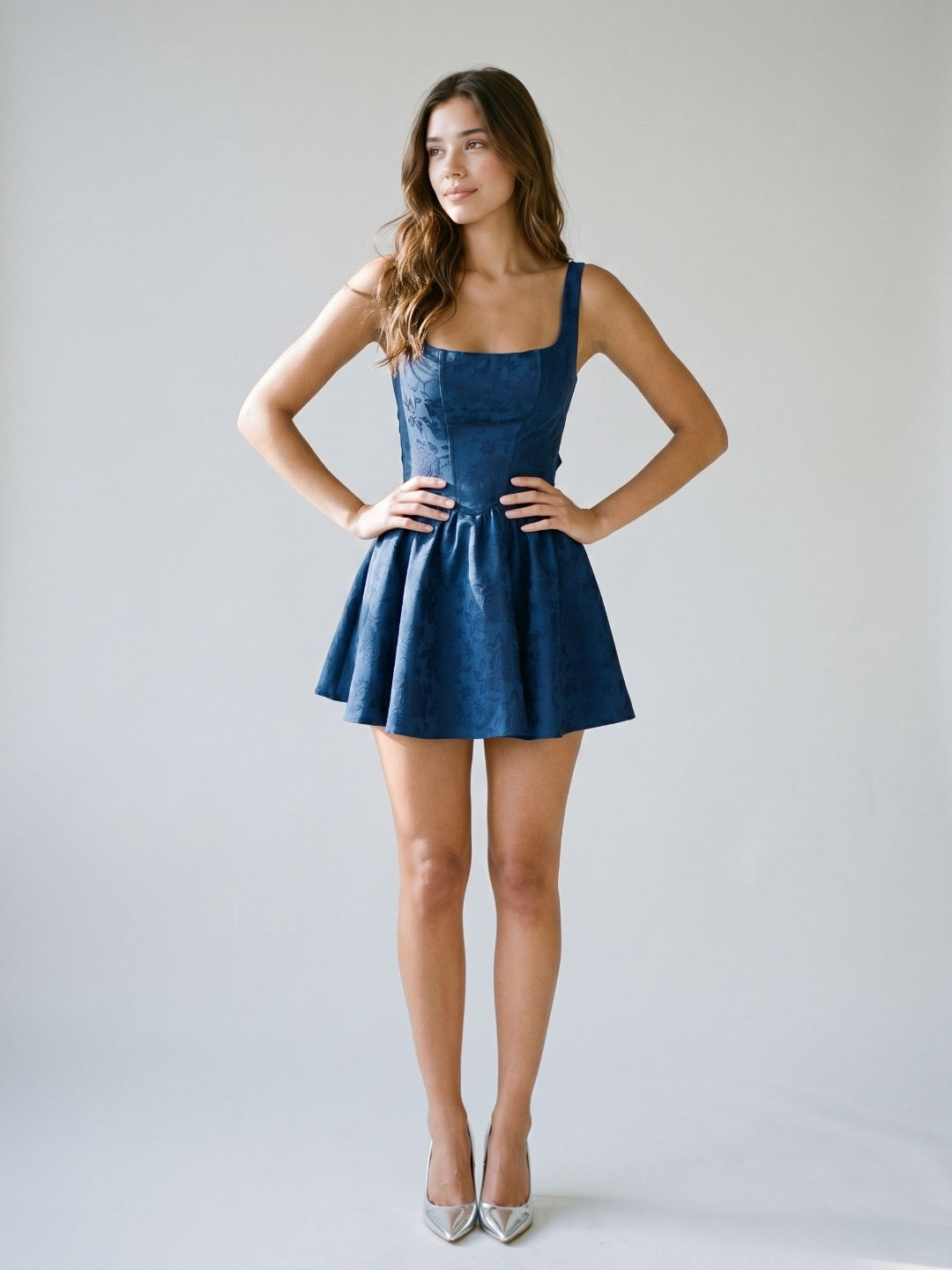 Navy Blue Jacquard A-Line Square Neck Backless Short Dress with Bow