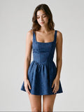 Navy Blue Jacquard A-Line Square Neck Backless Short Dress with Bow