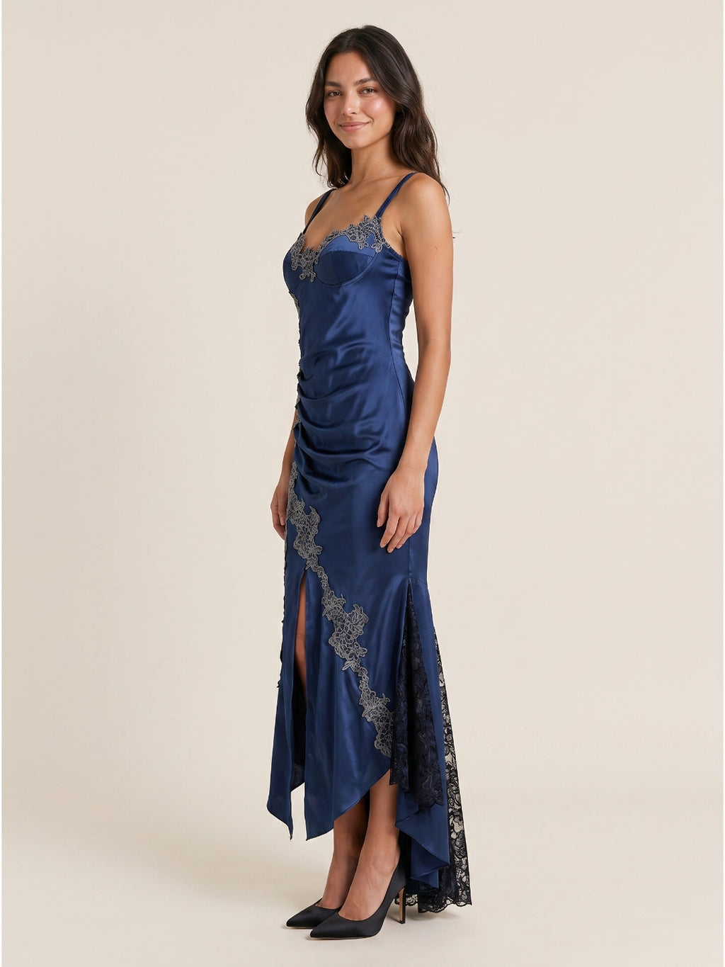 Navy Blue Lace Mermaid Sweetheart Backless Asymmetrical Prom Dress with Pleating