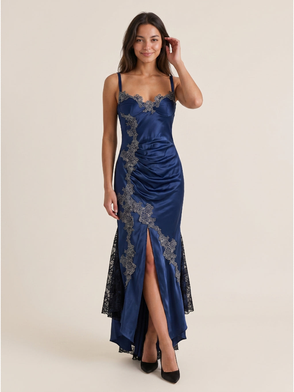 Navy Blue Lace Mermaid Sweetheart Backless Asymmetrical Prom Dress with Pleating