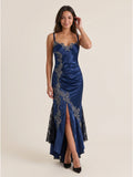 Navy Blue Satin Mermaid Sweetheart Backless Asymmetrical Prom Dress with Pleating