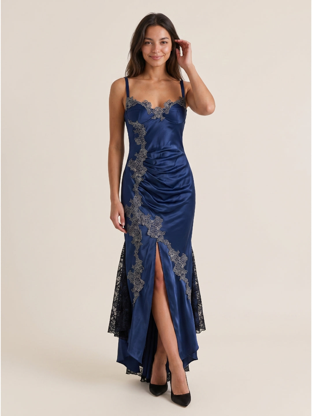 Navy Blue Lace Mermaid Sweetheart Backless Asymmetrical Prom Dress with Pleating