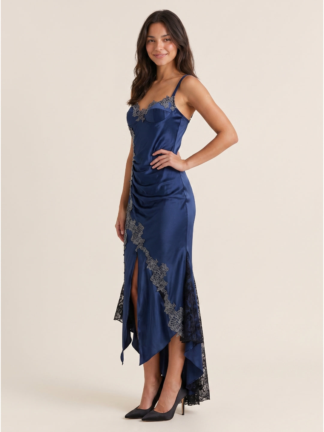 Navy Blue Lace Mermaid Sweetheart Backless Asymmetrical Prom Dress with Pleating