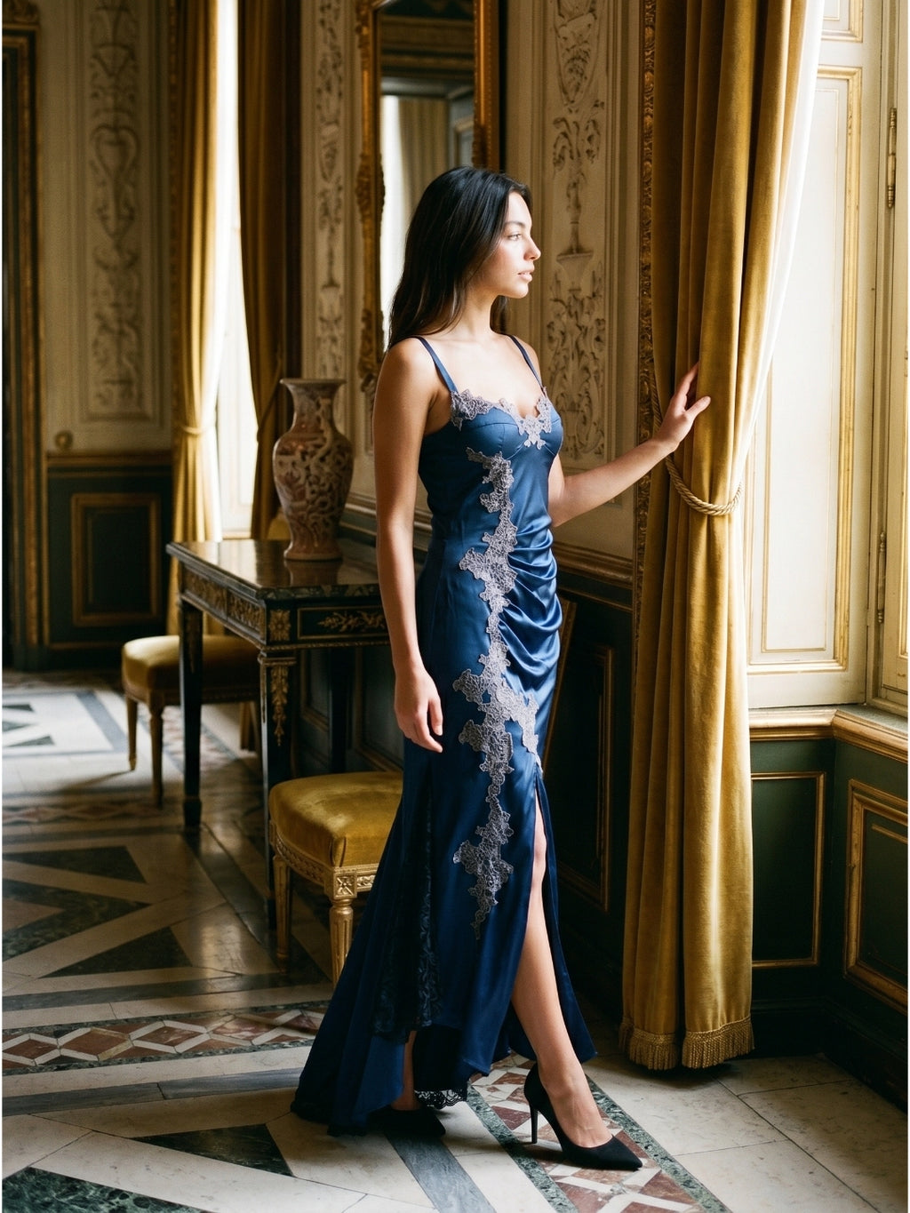 Navy Blue Lace Mermaid Sweetheart Backless Asymmetrical Prom Dress with Pleating