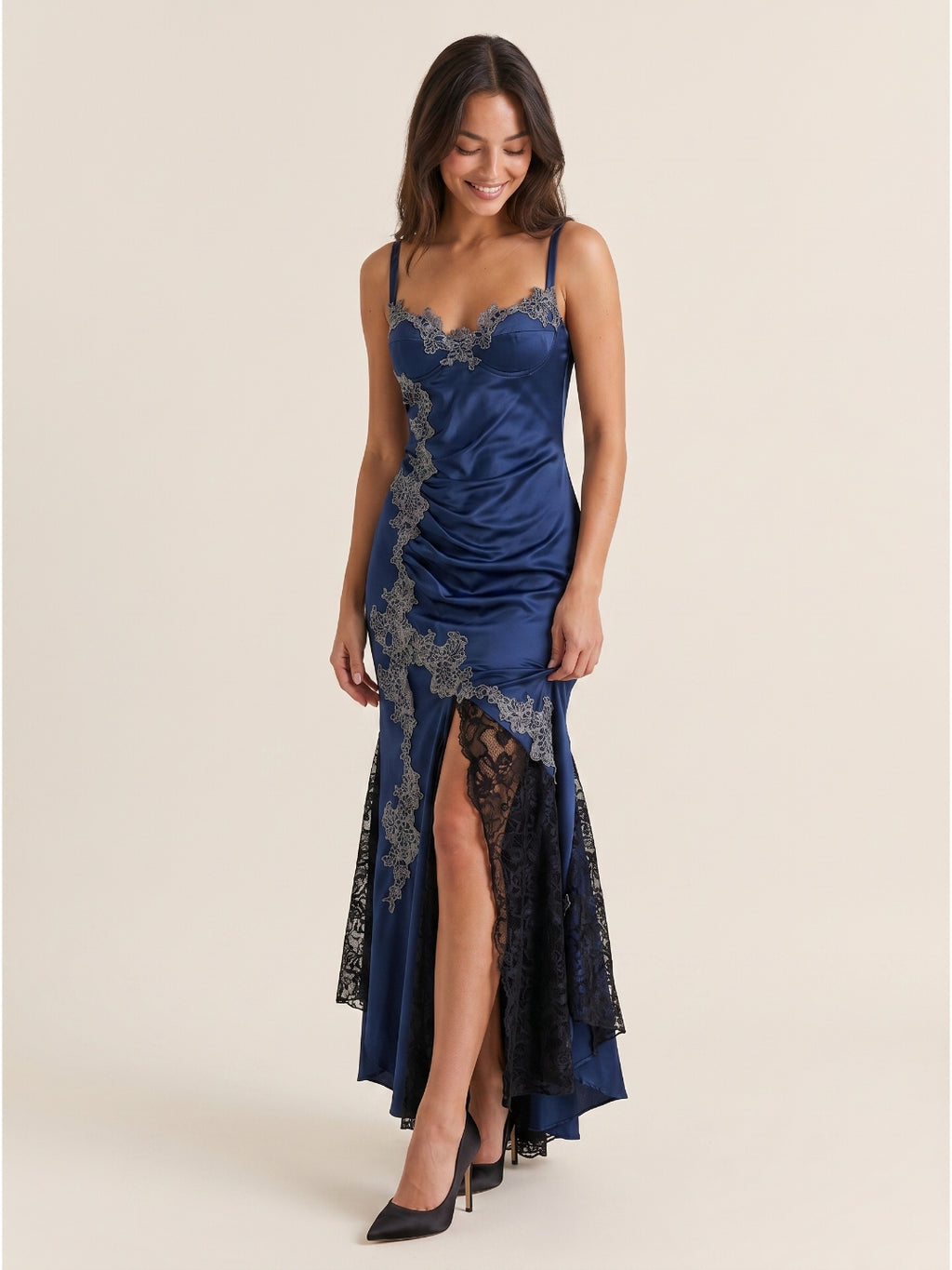 Navy Blue Lace Mermaid Sweetheart Backless Asymmetrical Prom Dress with Pleating