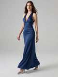 Navy Blue Matte Satin A-Line V-Neck Back Zip Floor-Length Bridesmaid Dress