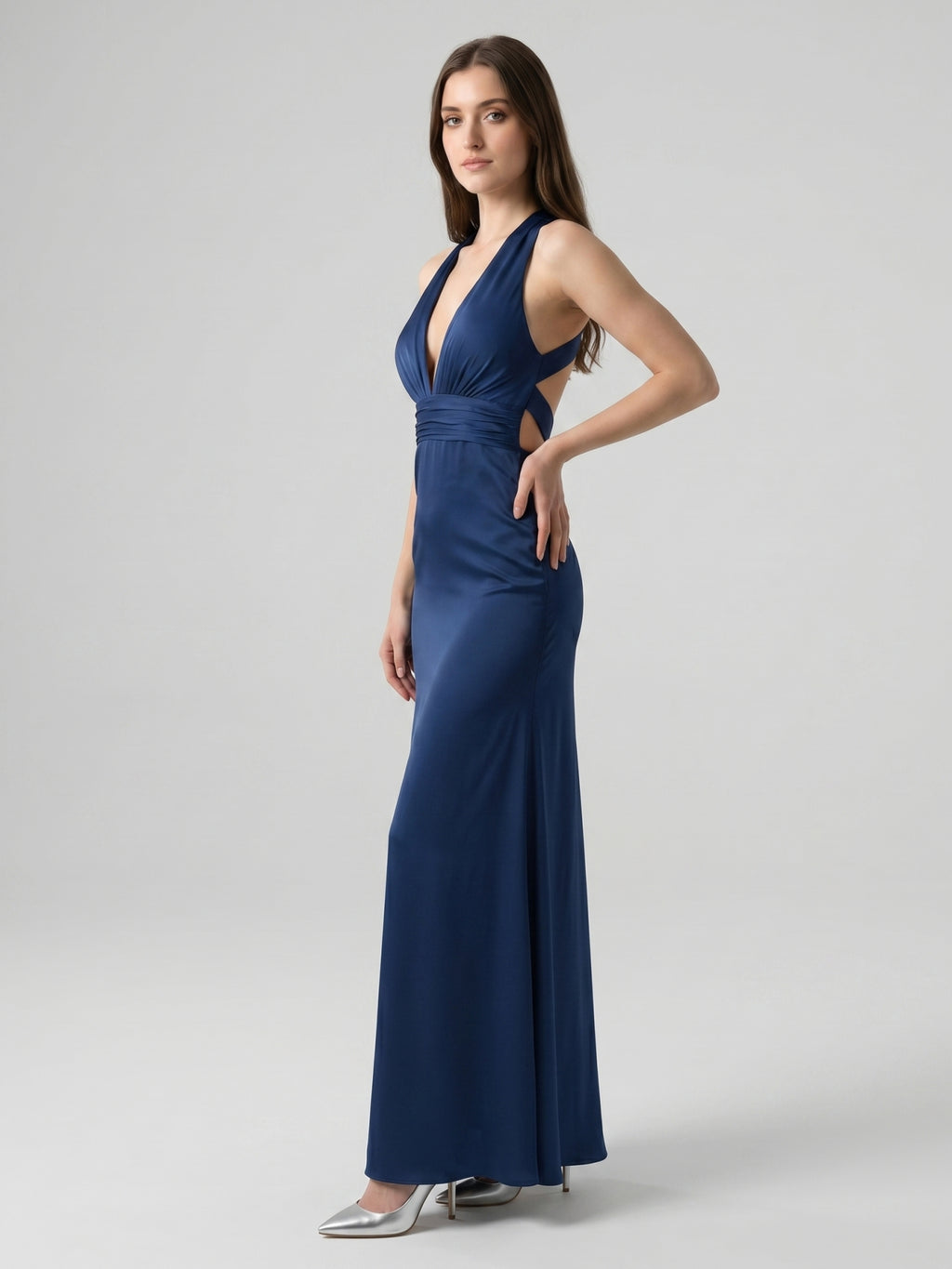 Navy Blue Matte Satin A-Line V-Neck Back Zip Floor-Length Bridesmaid Dress