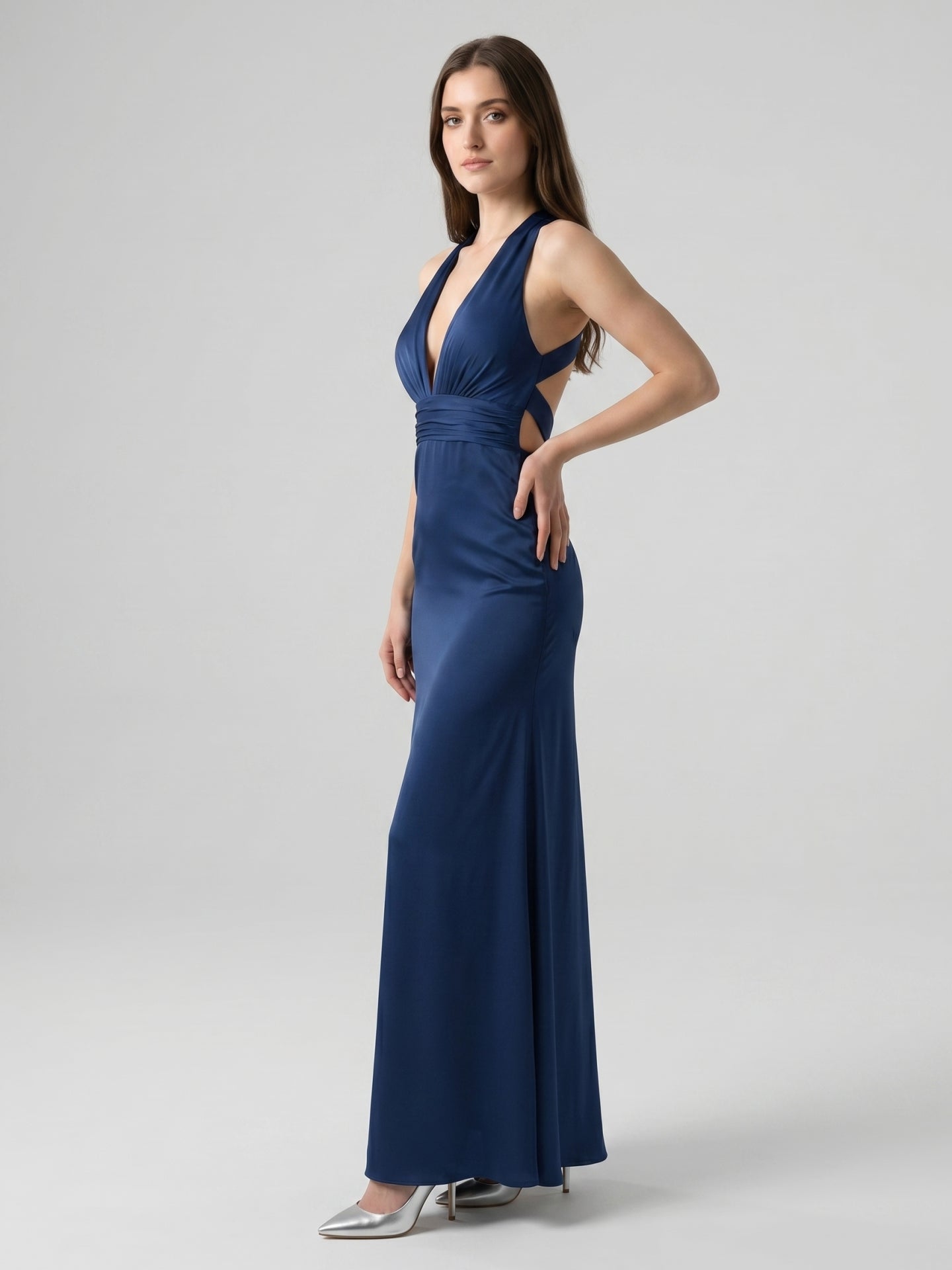 Navy Blue Matte Satin A-Line V-Neck Back Zip Floor-Length Bridesmaid Dress
