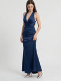 Navy Blue Matte Satin A-Line V-Neck Back Zip Floor-Length Bridesmaid Dress