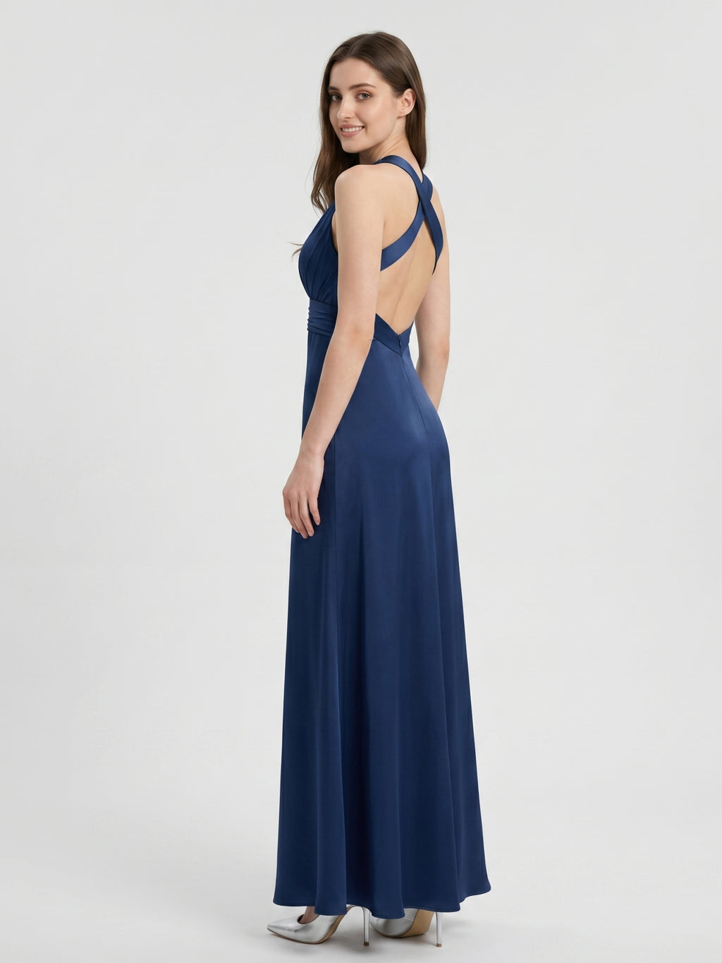 Navy Blue Matte Satin A-Line V-Neck Back Zip Floor-Length Bridesmaid Dress