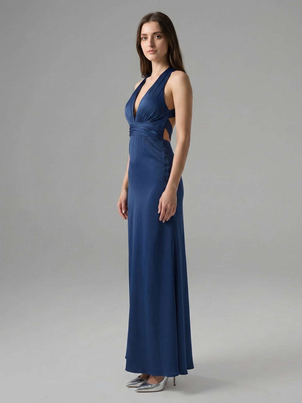 Navy Blue Matte Satin A-Line V-Neck Back Zip Floor-Length Bridesmaid Dress