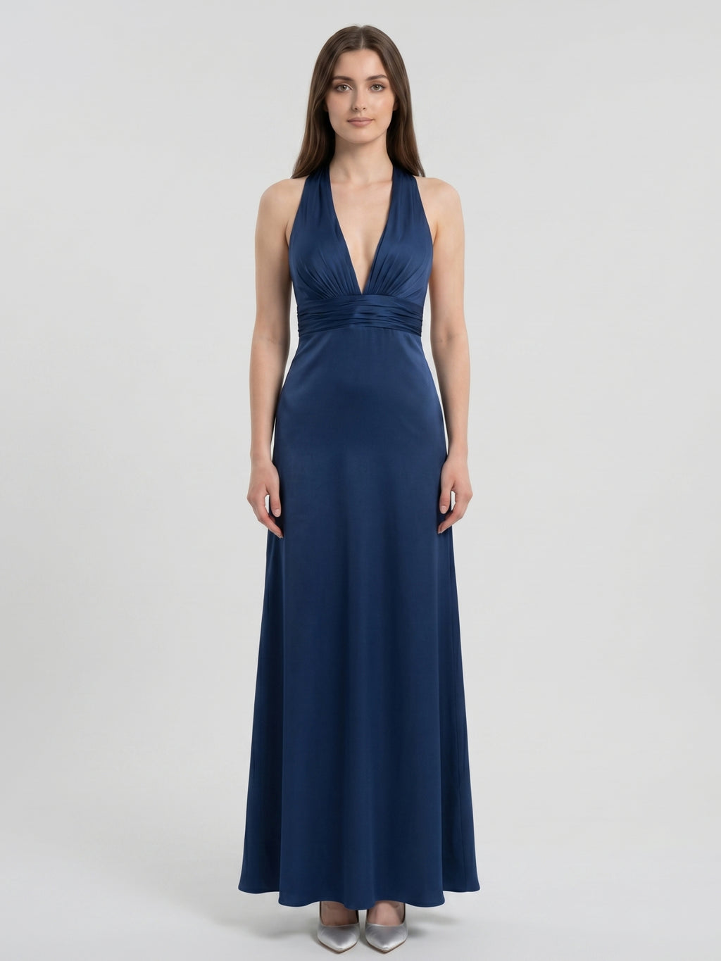 Navy Blue Matte Satin A-Line V-Neck Back Zip Floor-Length Bridesmaid Dress