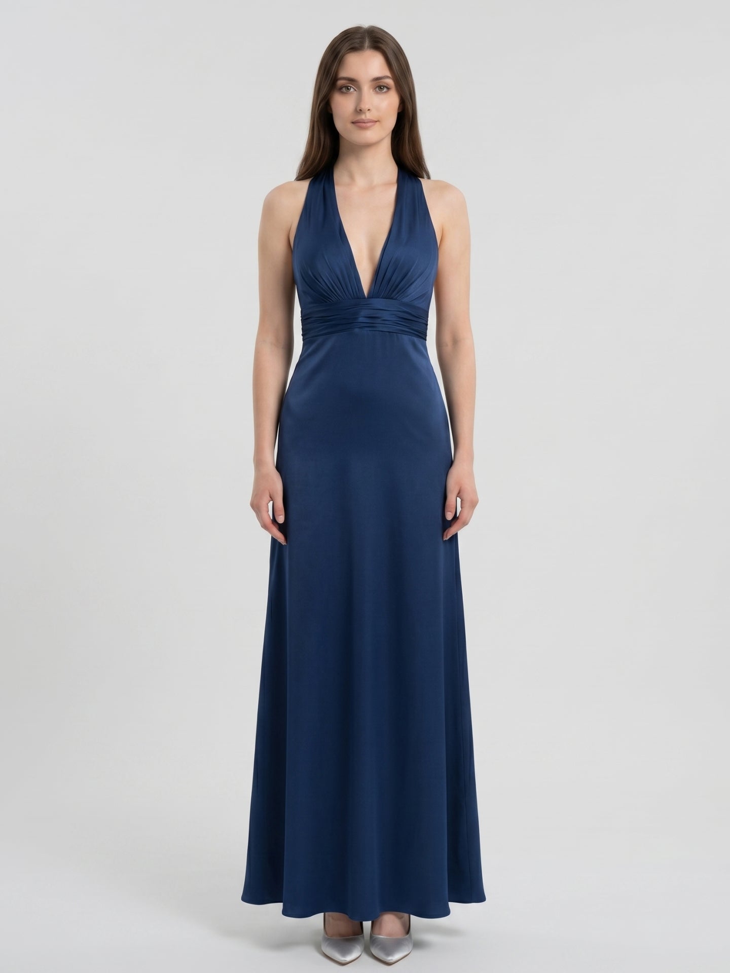 Navy Blue Matte Satin A-Line V-Neck Back Zip Floor-Length Bridesmaid Dress