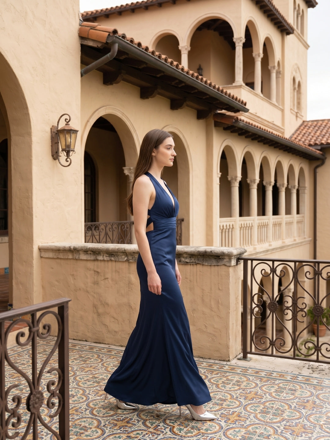 Navy Blue Matte Satin A-Line V-Neck Back Zip Floor-Length Bridesmaid Dress