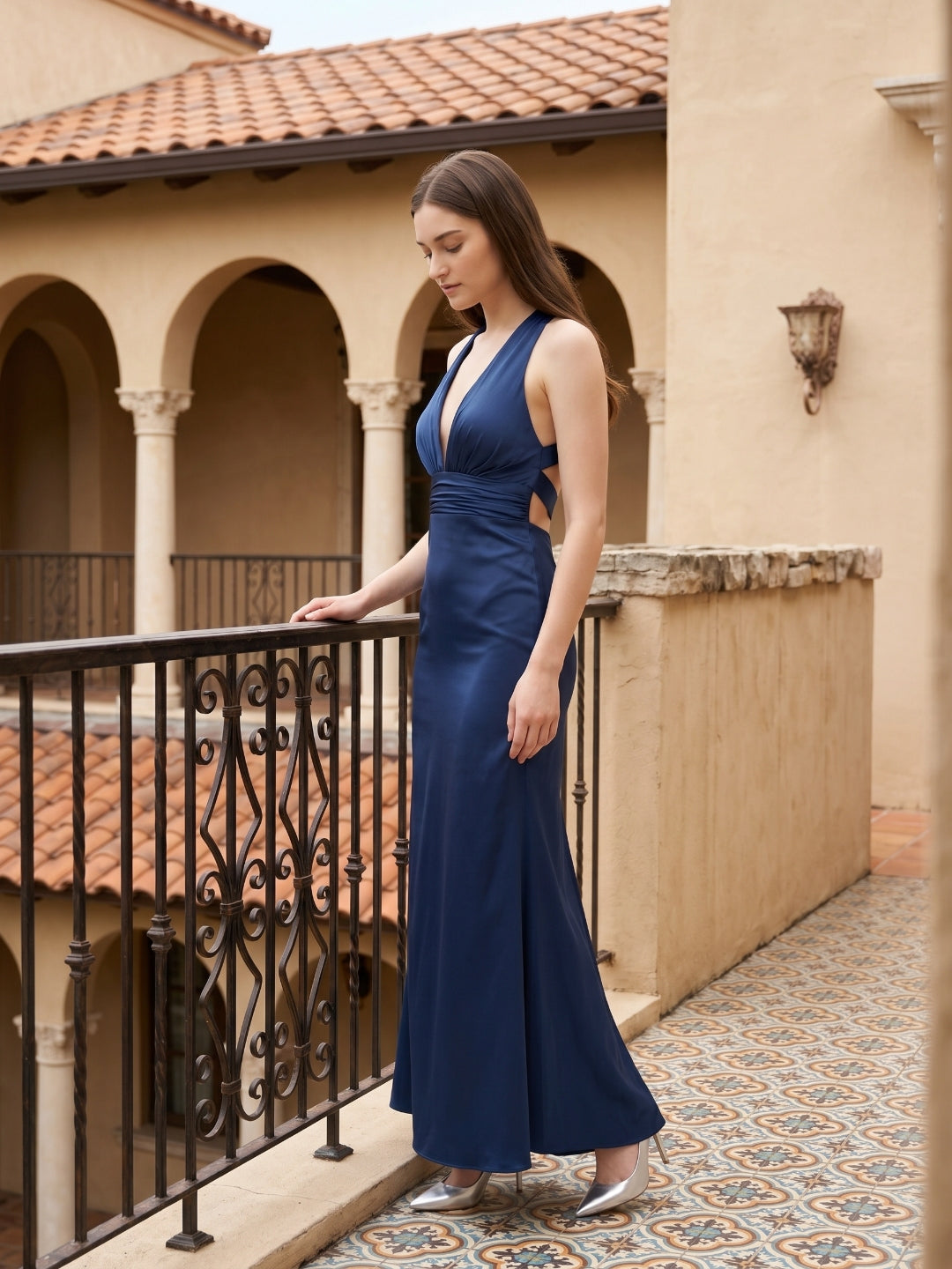 Navy Blue Matte Satin A-Line V-Neck Back Zip Floor-Length Bridesmaid Dress