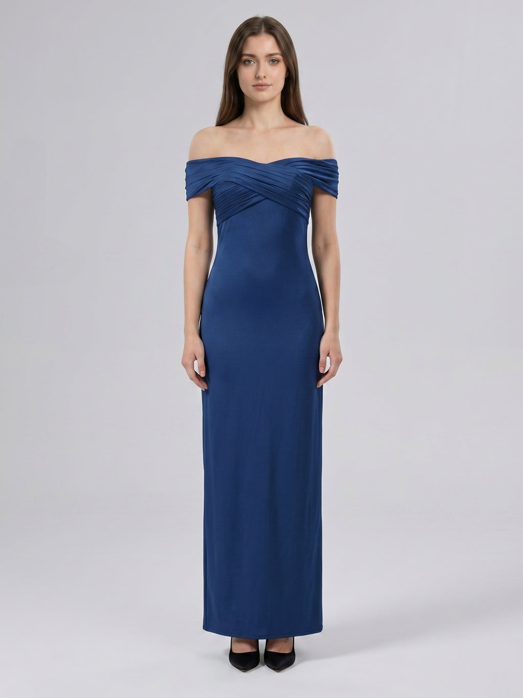 Navy Blue Matte Satin Column Off-the-Shoulder Floor-Length Bridesmaid Dress