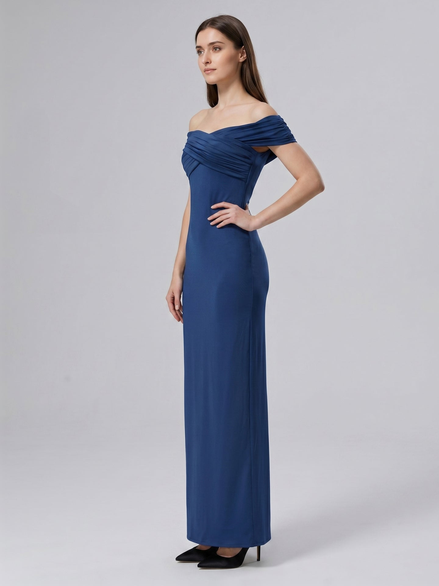 Navy Blue Matte Satin Column Off-the-Shoulder Floor-Length Bridesmaid Dress