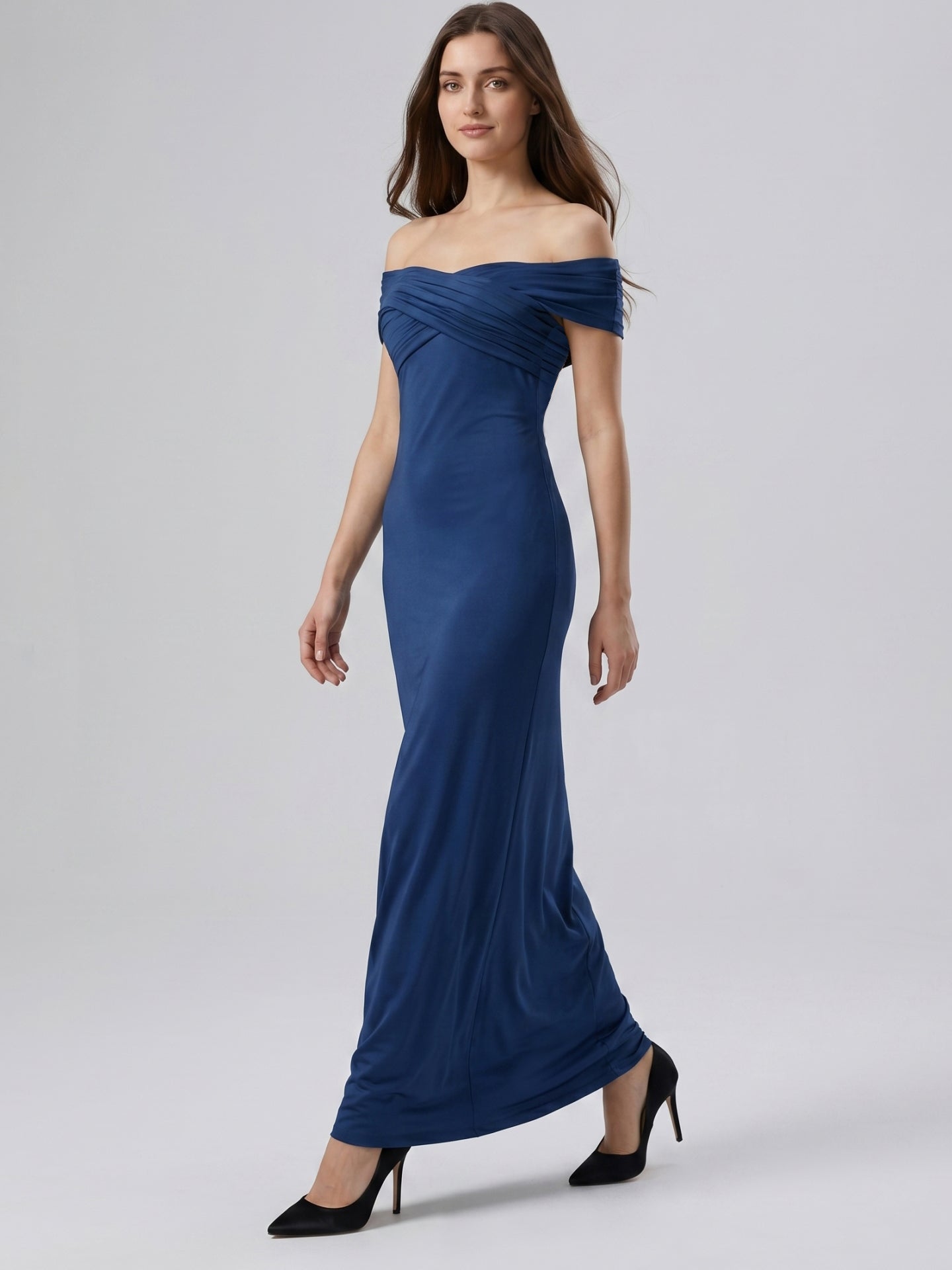 Navy Blue Matte Satin Column Off-the-Shoulder Floor-Length Bridesmaid Dress