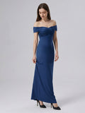 Navy Blue Matte Satin Column Off-the-Shoulder Floor-Length Bridesmaid Dress